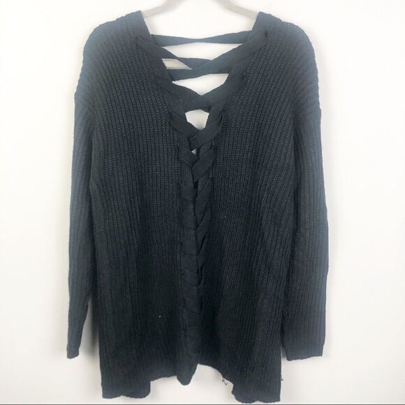 DEREK HEART | Black Lace Up Back Open Cardigan L - Picture 7 of 7